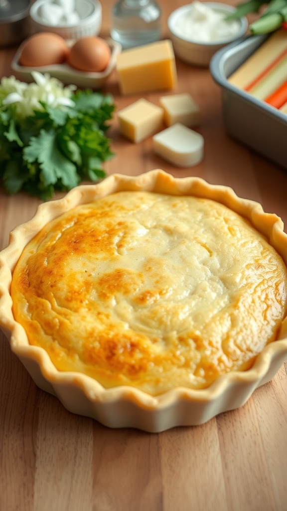 A golden brown quiche crust in a pie dish, ready for filling, surrounded by fresh ingredients.
